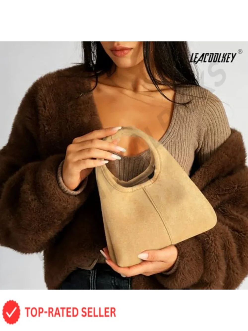 Women's Faux Suede Satchel Handbag with Magnetic Snap Top Handle